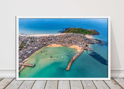 St Ives, Cornwall. Aerial view. Framed picture print, choice of frame colours.