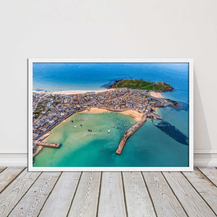 St Ives, Cornwall. Aerial view. Framed picture print, choice of frame colours.