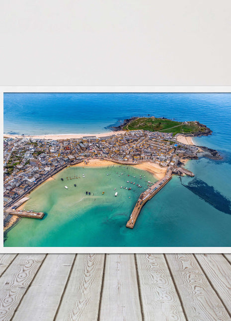 St Ives, Cornwall. Aerial view. Framed picture print, choice of frame colours.