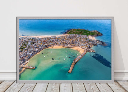 St Ives, Cornwall. Aerial view. Framed picture print, choice of frame colours.