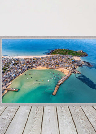 St Ives, Cornwall. Aerial view. Framed picture print, choice of frame colours.