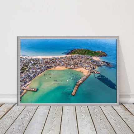 St Ives, Cornwall. Aerial view. Framed picture print, choice of frame colours.
