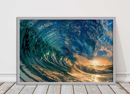 Sunset in the surf. Framed picture print with a choice of frame colours.