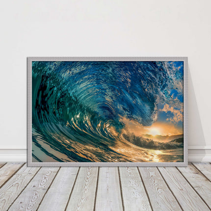 Sunset in the surf. Framed picture print with a choice of frame colours.