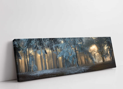 Fog in the forest. Panoramic canvas picture print.