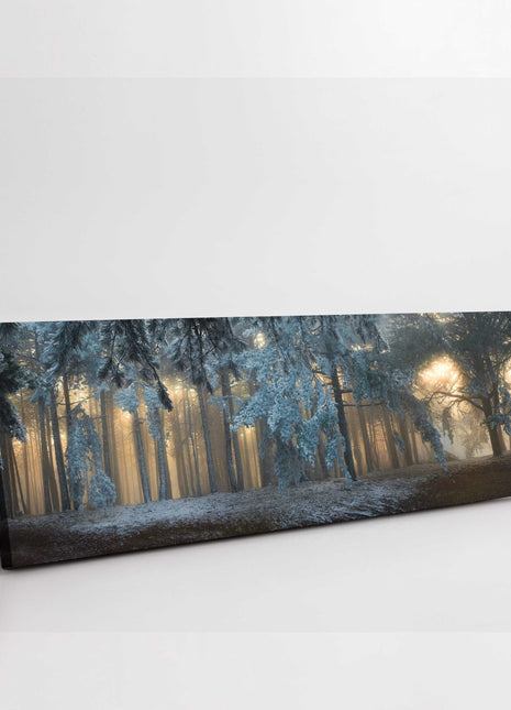 Fog in the forest. Panoramic canvas picture print.