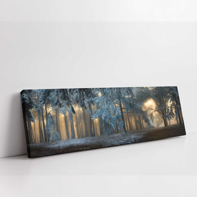 Fog in the forest. Panoramic canvas picture print.