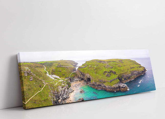 Tintagel Castle, Cornwall. Aerial view, panoramic canvas picture print.