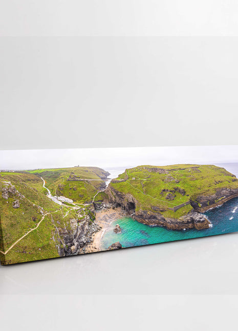 Tintagel Castle, Cornwall. Aerial view, panoramic canvas picture print.