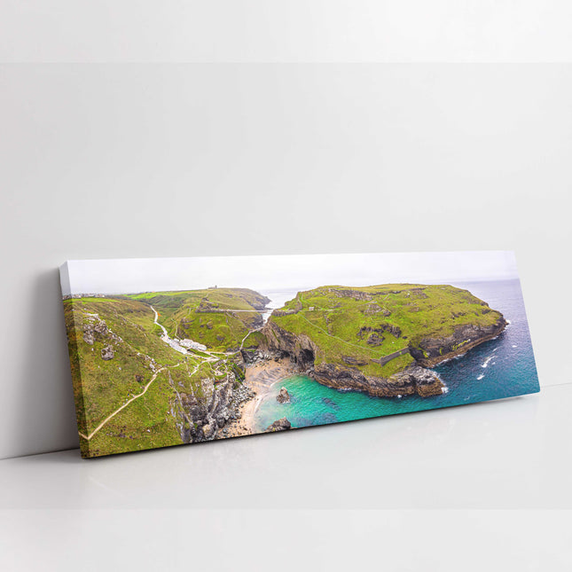Tintagel Castle, Cornwall. Aerial view, panoramic canvas picture print.