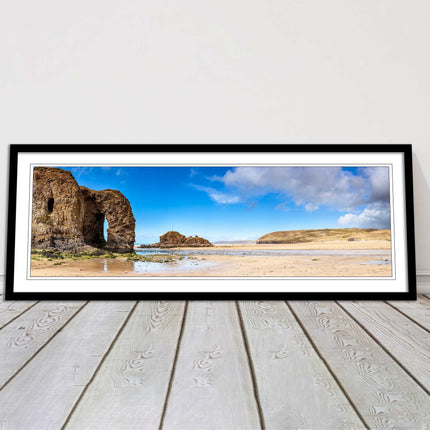 Perranporth Beach, Cornwall Panoramic framed picture print, Cornwall beach scene