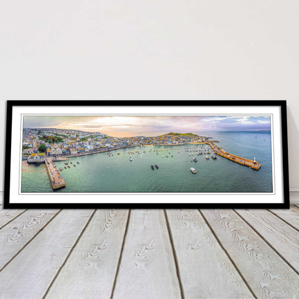 St Ives, Cornwall, aerial. Framed, Panoramic picture. A choice of frame colours.