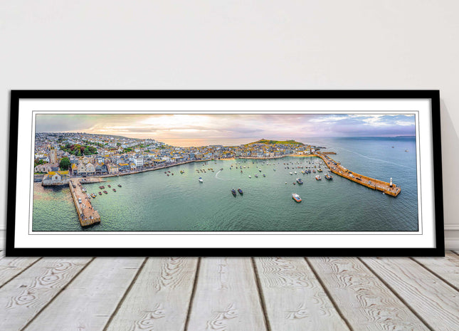 St Ives, Cornwall, aerial. Framed, Panoramic picture. A choice of frame colours.