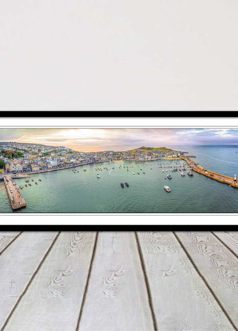 St Ives, Cornwall, aerial. Framed, Panoramic picture. A choice of frame colours.