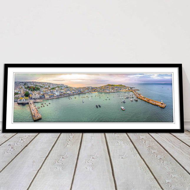 St Ives, Cornwall, aerial. Framed, Panoramic picture. A choice of frame colours.