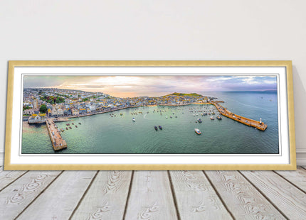 St Ives, Cornwall, aerial. Framed, Panoramic picture. A choice of frame colours.
