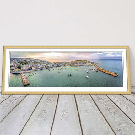 St Ives, Cornwall, aerial. Framed, Panoramic picture. A choice of frame colours.