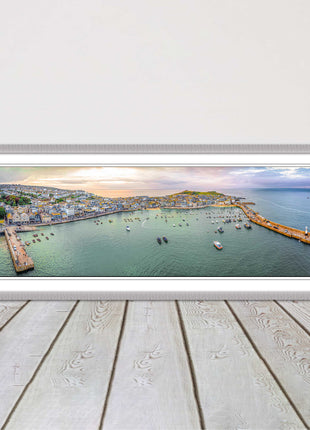St Ives, Cornwall, aerial. Framed, Panoramic picture. A choice of frame colours.