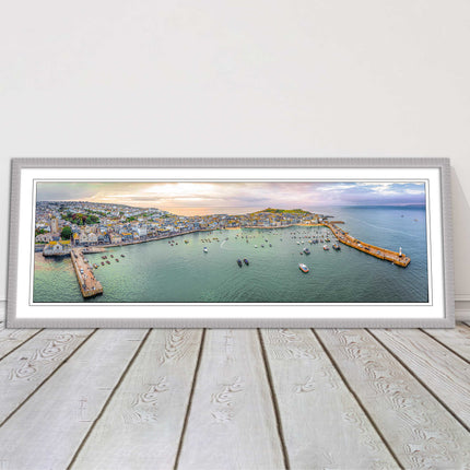 St Ives, Cornwall, aerial. Framed, Panoramic picture. A choice of frame colours.