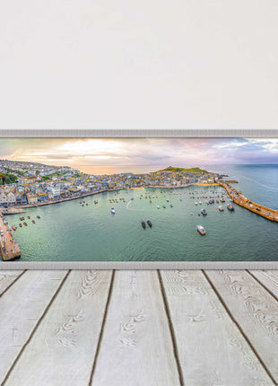 St Ives, Cornwall, aerial. Framed, Panoramic picture. A choice of frame colours.