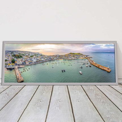 St Ives, Cornwall, aerial. Framed, Panoramic picture. A choice of frame colours.