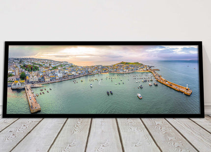 St Ives, Cornwall, aerial. Framed, Panoramic picture. A choice of frame colours.