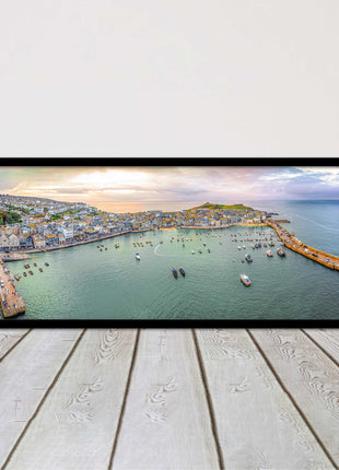 St Ives, Cornwall, aerial. Framed, Panoramic picture. A choice of frame colours.