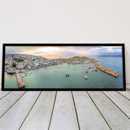 St Ives, Cornwall, aerial. Framed, Panoramic picture. A choice of frame colours.