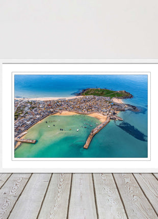 St Ives, Cornwall. Aerial view. Framed picture print, choice of frame colours.