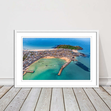St Ives, Cornwall. Aerial view. Framed picture print, choice of frame colours.