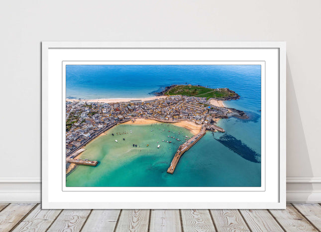 St Ives, Cornwall. Aerial view. Framed picture print, choice of frame colours.