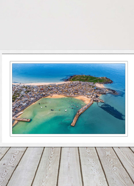 St Ives, Cornwall. Aerial view. Framed picture print, choice of frame colours.