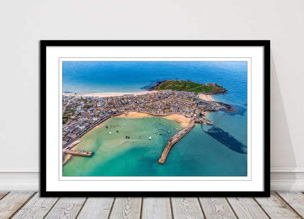 St Ives, Cornwall. Aerial view. Framed picture print, choice of frame colours.