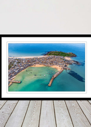 St Ives, Cornwall. Aerial view. Framed picture print, choice of frame colours.