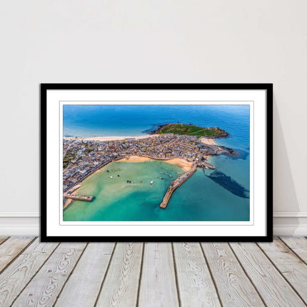 St Ives, Cornwall. Aerial view. Framed picture print, choice of frame colours.