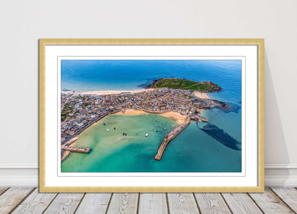 St Ives, Cornwall. Aerial view. Framed picture print, choice of frame colours.