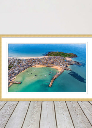 St Ives, Cornwall. Aerial view. Framed picture print, choice of frame colours.