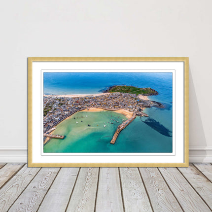 St Ives, Cornwall. Aerial view. Framed picture print, choice of frame colours.