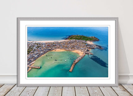 St Ives, Cornwall. Aerial view. Framed picture print, choice of frame colours.