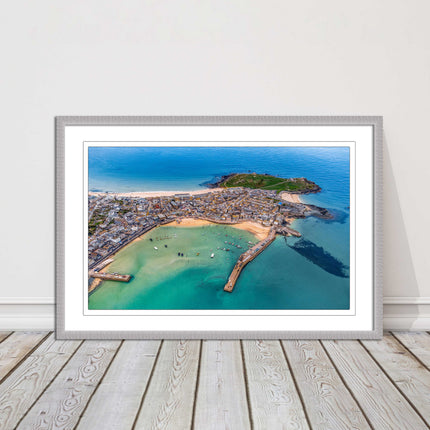 St Ives, Cornwall. Aerial view. Framed picture print, choice of frame colours.