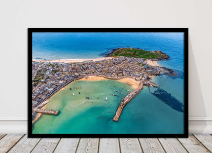 St Ives, Cornwall. Aerial view. Framed picture print, choice of frame colours.