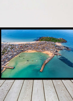 St Ives, Cornwall. Aerial view. Framed picture print, choice of frame colours.