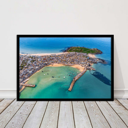 St Ives, Cornwall. Aerial view. Framed picture print, choice of frame colours.