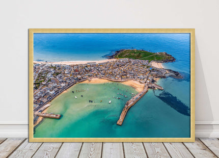 St Ives, Cornwall. Aerial view. Framed picture print, choice of frame colours.