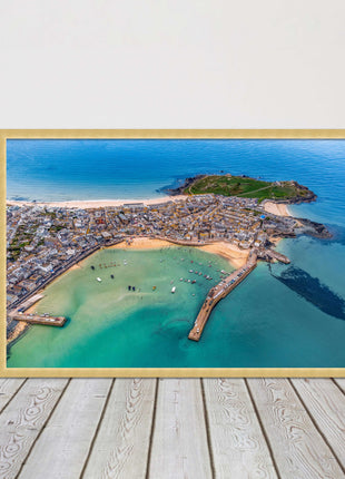 St Ives, Cornwall. Aerial view. Framed picture print, choice of frame colours.
