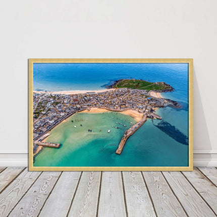 St Ives, Cornwall. Aerial view. Framed picture print, choice of frame colours.