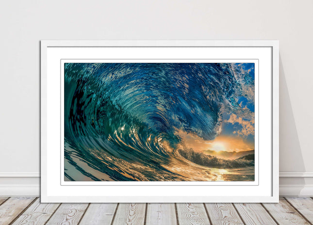 Sunset in the surf. Framed picture print with a choice of frame colours.