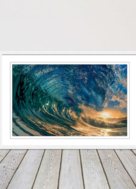 Sunset in the surf. Framed picture print with a choice of frame colours.