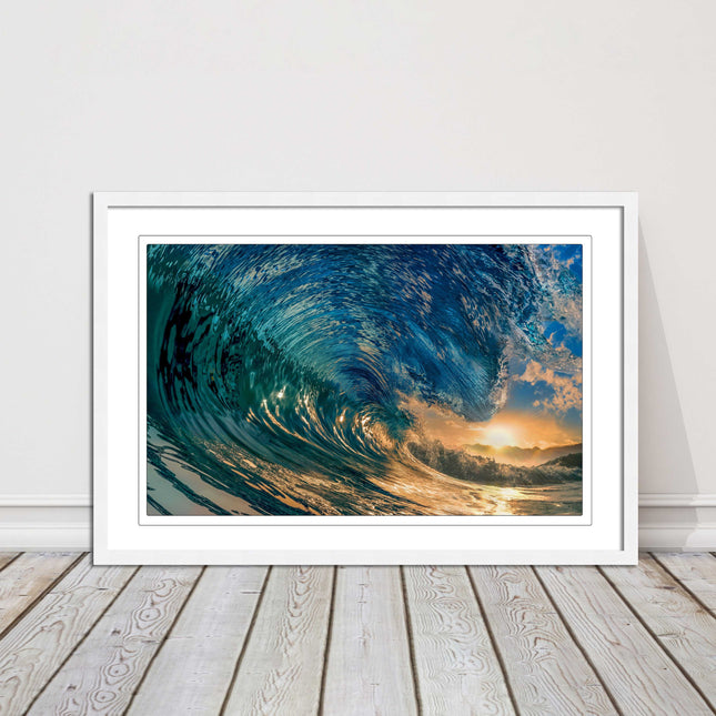 Sunset in the surf. Framed picture print with a choice of frame colours.