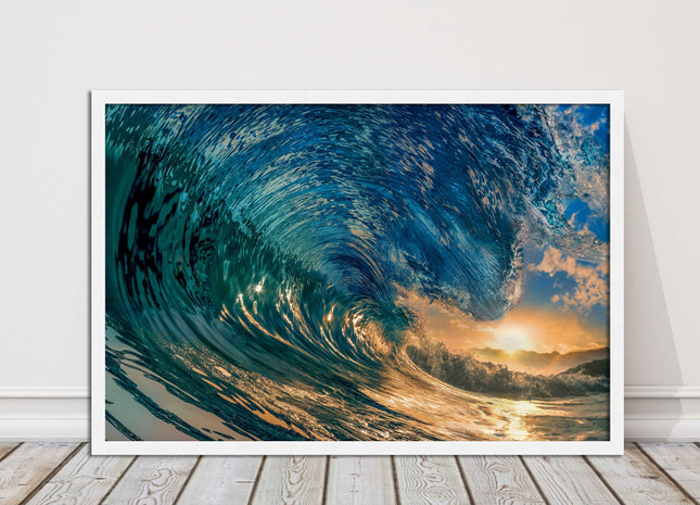 Sunset in the surf. Framed picture print with a choice of frame colours.